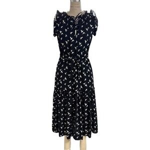 MISA Midi Dress Navy HummingBird Print Ruffle Tie Neck XS Made in USA
